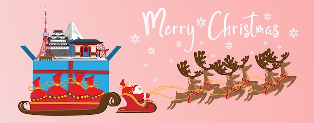 Buon Natale Giapponese.Buon Natale E Felice Anno Nuovo Illustrazione Di Babbo Natale Con I Monumenti Del Giappone Vettore Premium