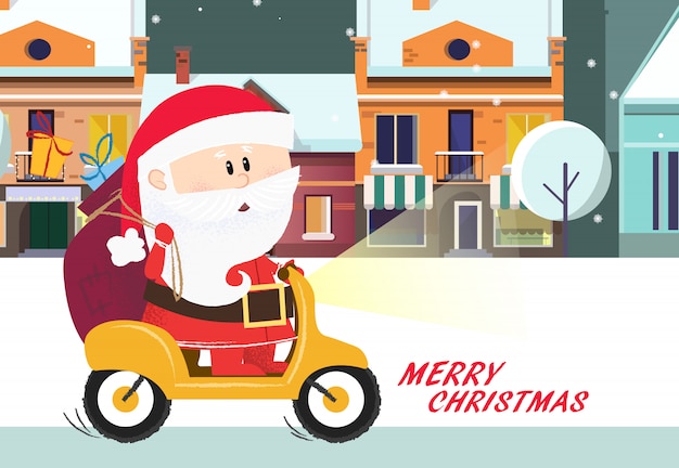 Buon Natale Freestyle Download.Buon Natale Poster Cartone Animato Babbo Natale In Sella Alla Bici Vettore Premium
