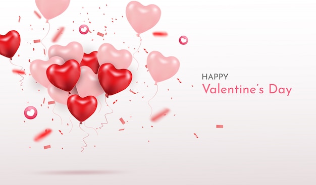 Buon San Valentino Palloncini Cuore Realistico 3d Con Glitter Amore Stagione Banner Auguri E Carta Vettore Premium