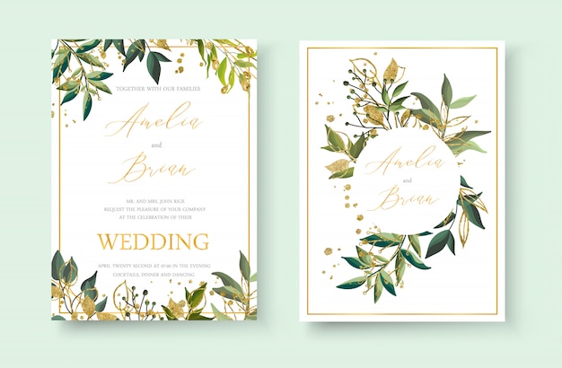 Busta di carta floreale invito matrimonio dorato salva il design di data di minimalismo con erbe verde foglia tropicale e schizzi d'oro. stile dell'acquerello del modello di vettore decorativo elegante botanico Vettore gratuito
