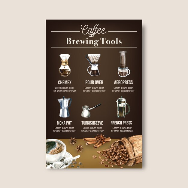 Caffè arabica fagioli arrosto bruciano con sacchetto. caffettiera, illustrazione dell'acquerello infographic Vettore gratuito