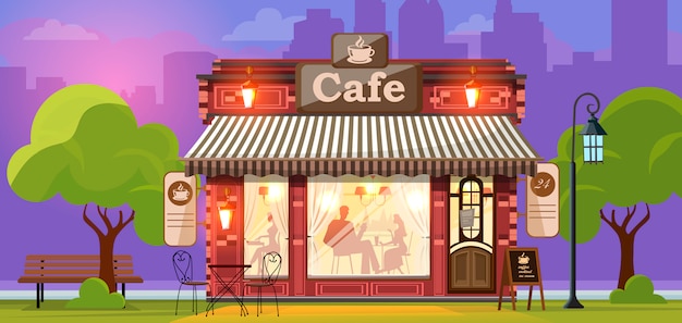 Caffè. facciata di un negozio di caffè o bar. via della città. Vettore Premium