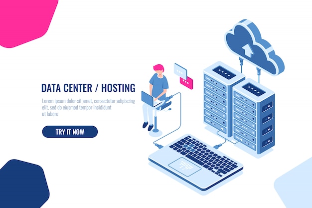 Calcolo e auditing dei dati isometrici, ingegnere che lavora con cloud storage, server room, datacente Vettore gratuito