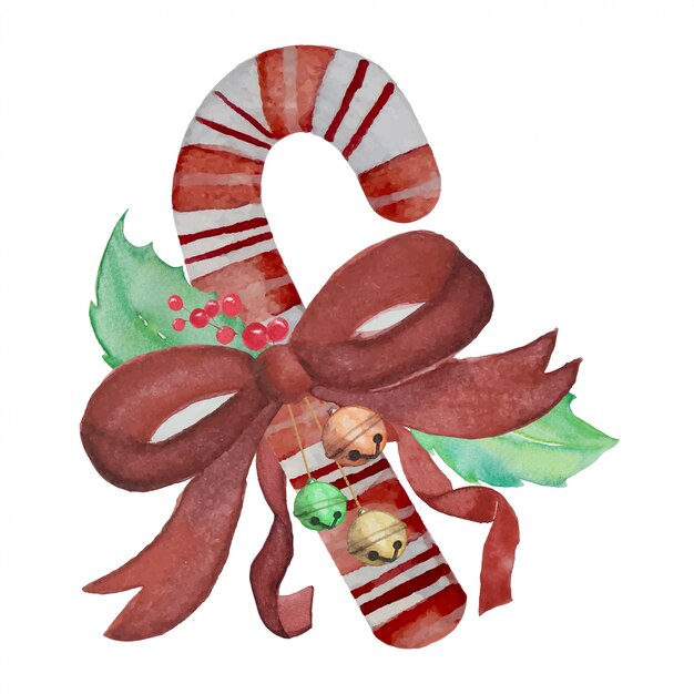 Piccole Immagini Di Natale.Caramella Di Natale Con Foglie Verdi E Rosse E Piccole Campane Con Fiocco In Nastro Decorazione Di Celebrazione Di Natale Vettore Premium