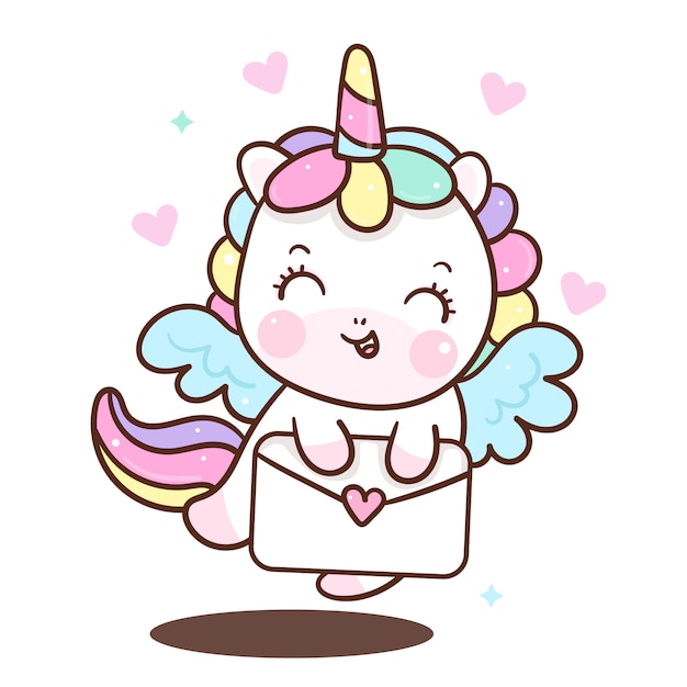 Carino unicornio angelo che tiene la lettera d'amore Vettore Premium
