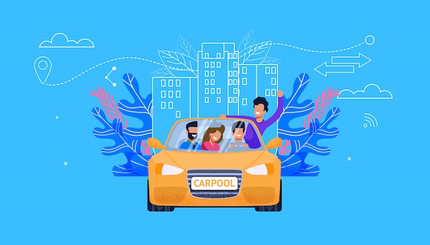 Carpool service flat vector. car with young people: l'uomo e la donna carattere fellow in yellow car hanno fun in ride. carsharing traveling technology. cooperazione automobilistica per l'avventura. Vettore Premium