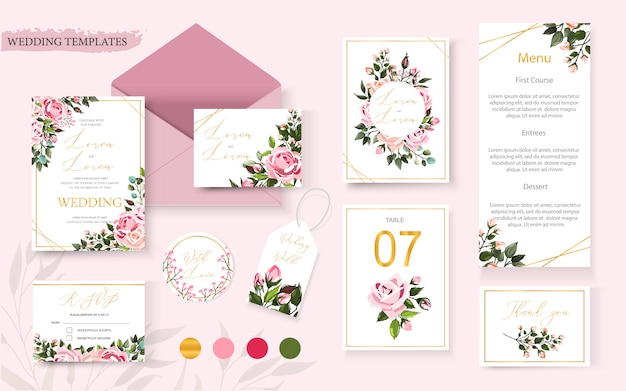 Carta di invito floreale dorato di nozze salva la data design del menu di tavolo rsvp con rose fiori rosa e foglie verdi corona e cornice. modello di vettore decorativo elegante botanico in stile acquerello Vettore gratuito