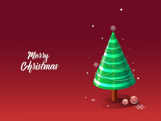 Auguri Di Buon Natale 3d.Cartolina D Auguri Di Buon Natale Con Albero Di Natale Palline E Fiocchi Di Neve Decorativi 3d Su Rosso Vettore Premium