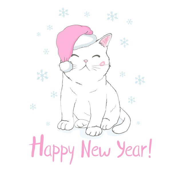 Cartolina D Auguri Di Felice Anno Nuovo Con La Faccia Di Gatto Divertente Carino In Cappello Di Babbo Natale Vettore Premium