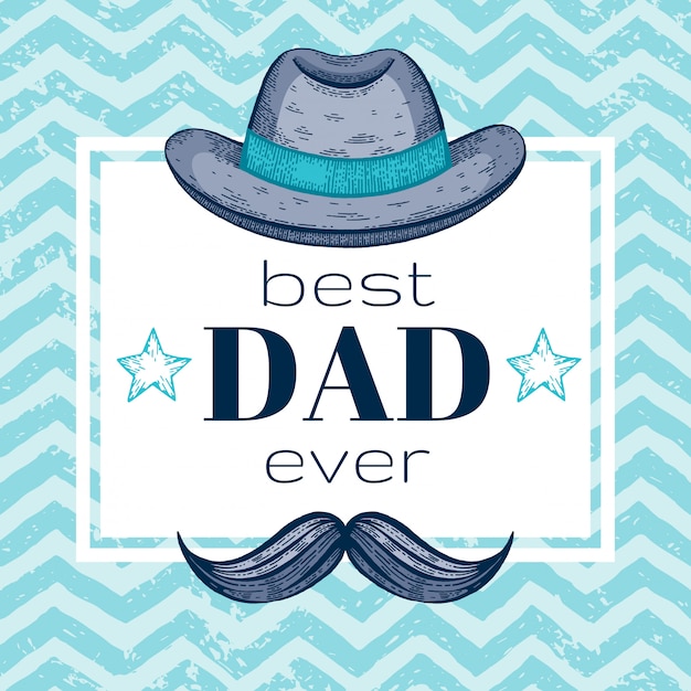 Cartolina d'auguri di felice festa del papà con cappello fedora retrò e baffi. stile doodle schizzo. Vettore Premium