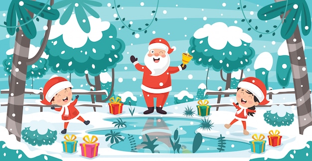 Cartoline Di Natale Animate.Cartolina D Auguri Di Natale Design Con Personaggi Dei Cartoni Animati Vettore Premium