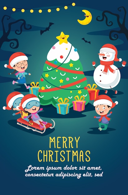 Cartoline Di Natale Animate.Cartolina D Auguri Di Natale Design Con Personaggi Dei Cartoni Animati Vettore Premium