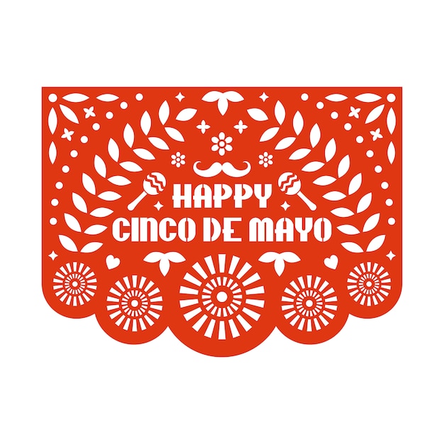 Cartolina d'auguri di vettore papel picado con motivo floreale e testo. felice cinco de mayo. modello di taglio della carta. ghirlanda di carta messicana Vettore Premium