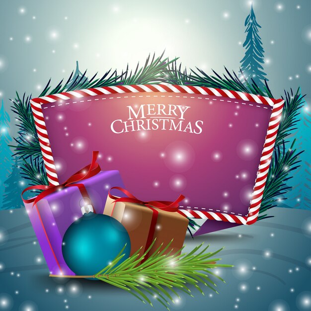 Testo Regali Di Natale.Cartolina Di Natale Con Modello Di Testo Viola E Regali Vettore Premium