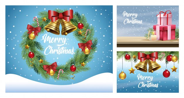 Buon Natale Paesaggi.Cartoline Di Buon Natale Con Paesaggi Innevati E Decorazioni Illustrazione Vettoriale Design Vettore Premium