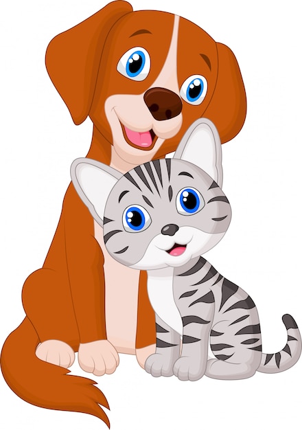 Cartone animato carino cane e gatto Vettore Premium