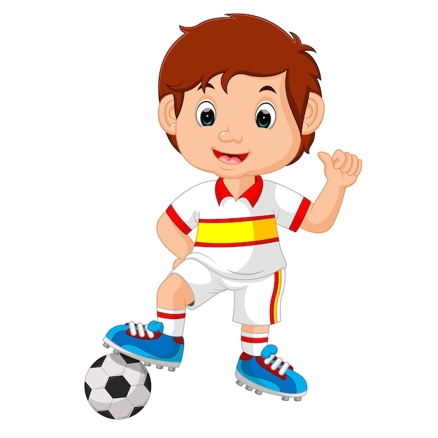 Cartoon Bambino A Giocare A Calcio Vettore Premium