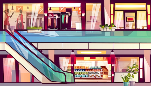 Centro commerciale con negozi e caffè illustrazione. scala della scala mobile con supermercato della drogheria Vettore gratuito