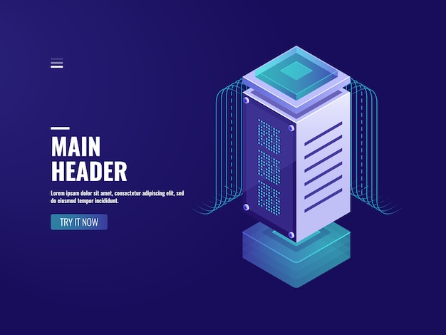 Centro di elaborazione dati isometrici, programmazione ai, neron wide, datacenter e icona del database Vettore gratuito