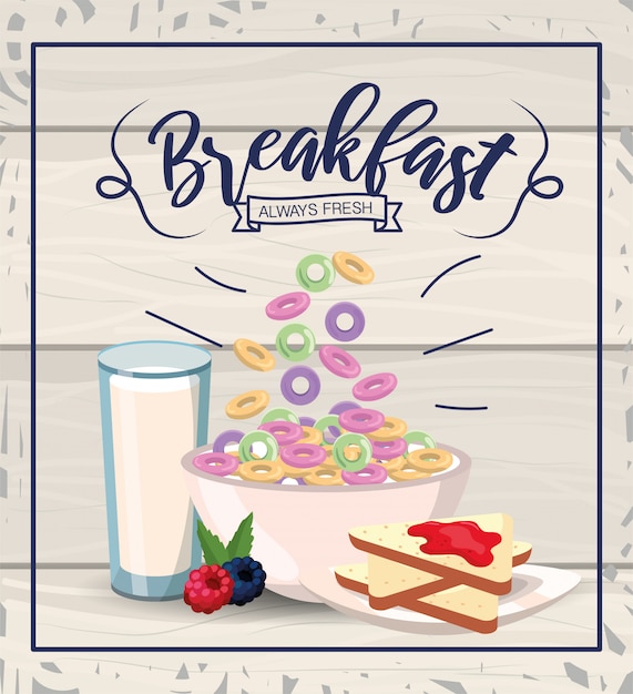 Cereali sani con fette di pane e bicchiere di latte Vettore Premium