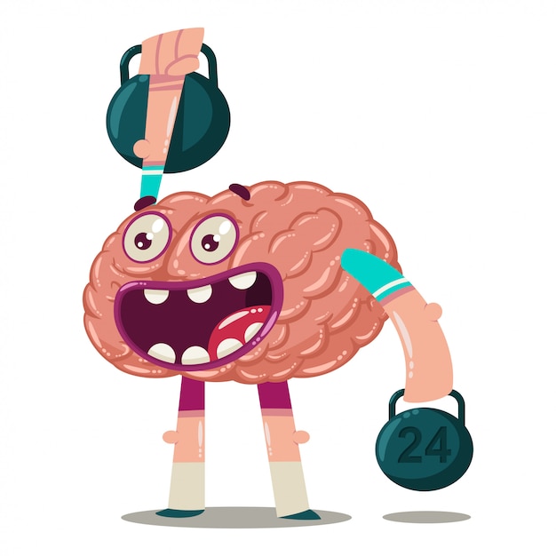 Cervello simpatico cartone animato si allena con i pesi. carattere vettoriale di un organo interno isolato. personaggio di brainstorming. Vettore Premium