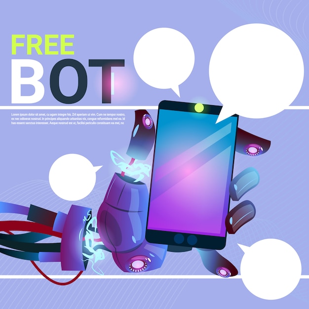 Chat bot mani utilizzando cell smart phone, robot di assistenza virtuale del sito web o applicazioni mobili, a Vettore Premium