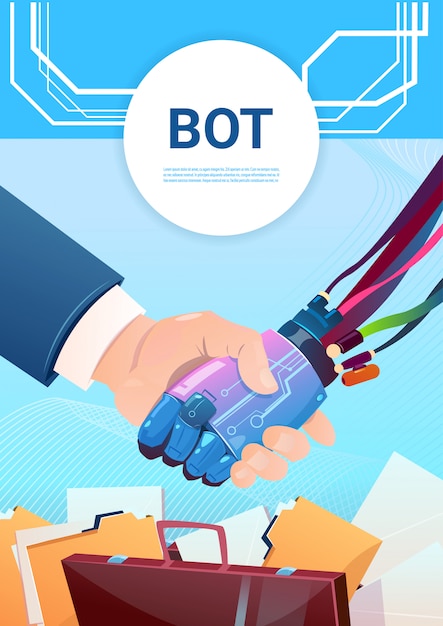 Chat bot scuotere la mano con le persone robot assistenza virtuale del sito web o applicazioni mobili, artifi Vettore Premium