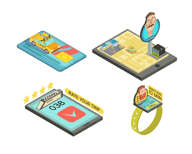 Chiami il taxi dalle composizioni isometriche degli aggeggi con l'illustrazione di vettore isolata tempo di attesa di valutazione della carta di pagamento di viaggio dell'automobile Vettore gratuito