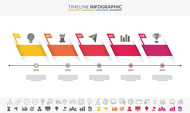 Cinque fasi, layout timeline infographics con icone impostate, in versione in bianco e nero e colorato. Vettore Premium