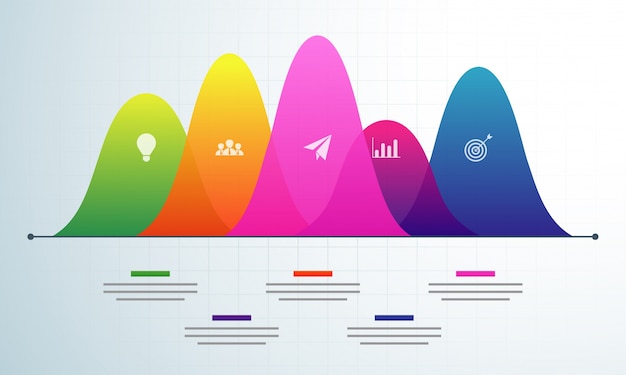 Cinque fasi, layout timeline infographics con icone impostate, in versione in bianco e nero e colorato. Vettore Premium