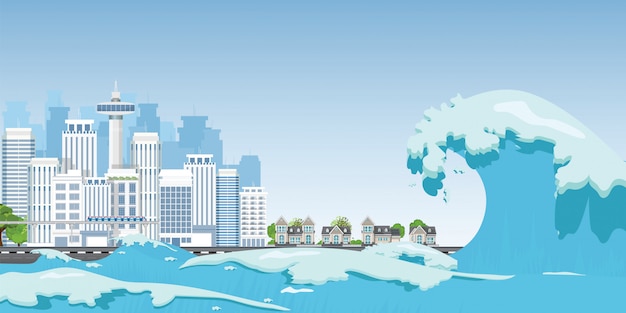 Città in riva al mare distrutta dalle onde dello tsunami. Vettore Premium
