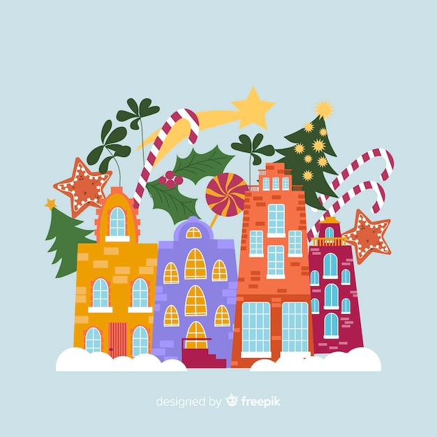 Città natale piatta con edifici Vettore gratuito