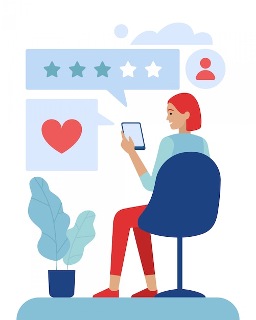 Cliente donna che utilizza un'applicazione di valutazione mobile Vettore Premium