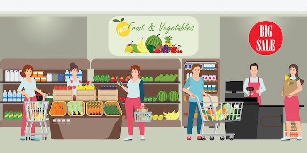 Cliente e cassiere in un supermercato Vettore Premium