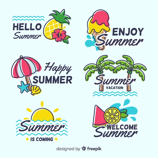 Collezione di badge estate disegnata a mano colorata Vettore gratuito