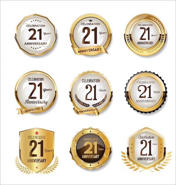 Collezione di badge retrò dorato anniversario Vettore Premium
