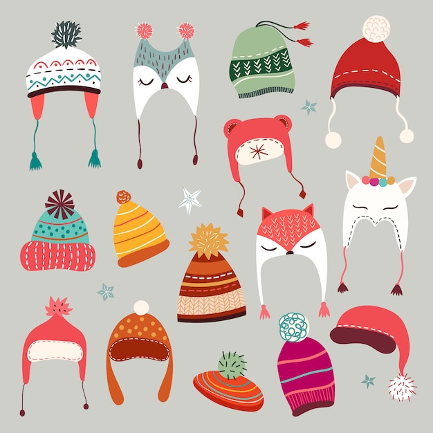 Collezione di cappellini invernali con elementi stagionali disegnati a mano Vettore Premium