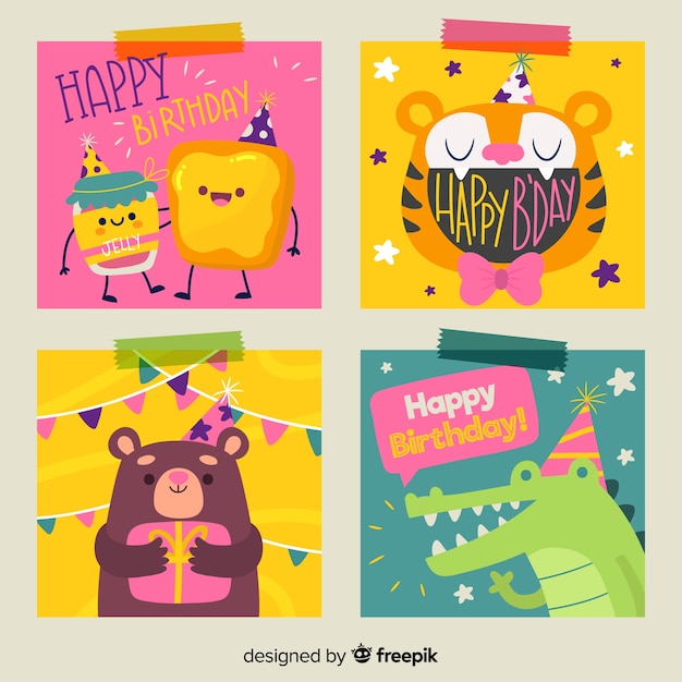 Collezione di carte di compleanno disegnati a mano Vettore gratuito