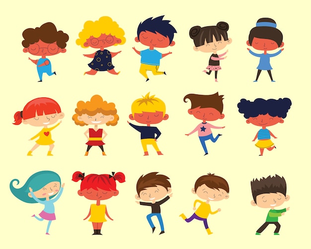 Collezione Di Cartoni Animati Bambini Felici Bambini Multiculturali In Diverse Posizioni Isolati Su Sfondo Chiaro Vettore Premium