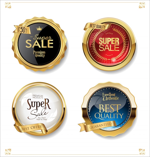 Collezione di distintivi ed etichette di vendita retrò oro e nero Vettore Premium