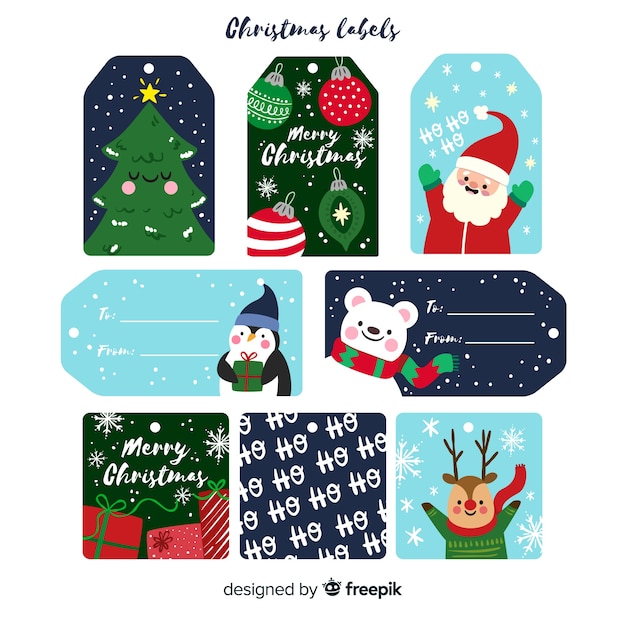 Disegni Di Natale Carini.Collezione Di Etichette Di Natale In Design Piatto Con Disegni Carini Vettore Gratis