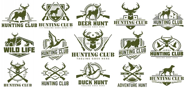 Collezione di logo di caccia, insieme di vettore di etichetta di caccia, distintivo o emblema, anatra e cervi caccia logo Vettore Premium