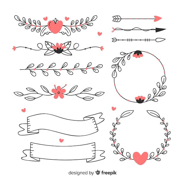 Collezione di ornamenti di nozze disegnati a mano decorativi Vettore gratuito