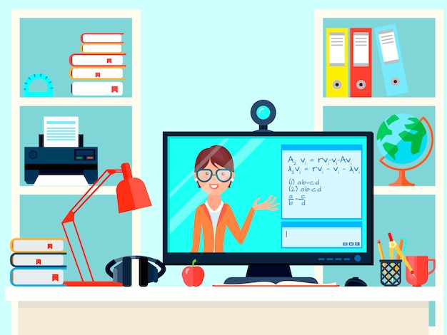 Composizione di formazione degli insegnanti di distanza di e-learning con il luogo di lavoro domestico di videochiamata di insegnamento a distanza con il computer Vettore gratuito