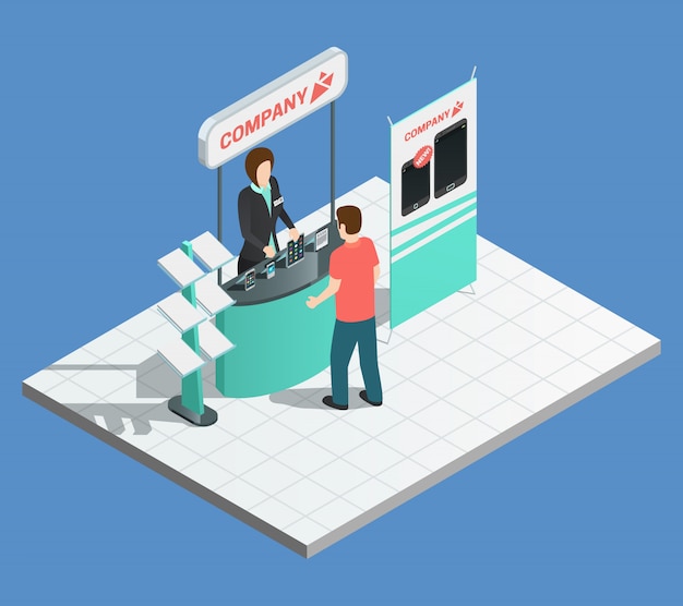 Composizione di promozione espositiva con supporto isometrico e promotore femminile Vettore gratuito