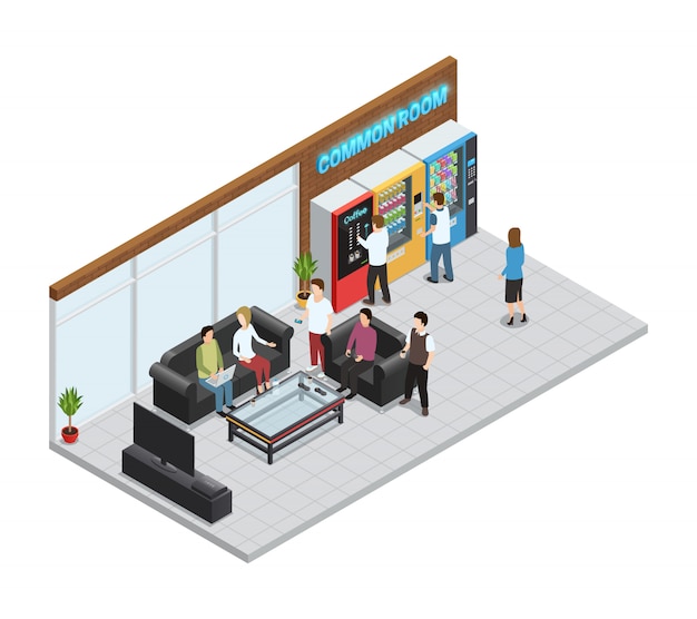 Composizione isometrica distributori automatici con macchine per caffè e snack Vettore gratuito