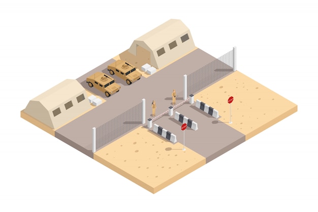 Composizione isometrica militare con base militare custodita e con l'illustrazione necessaria di vettore dell'attrezzatura Vettore gratuito