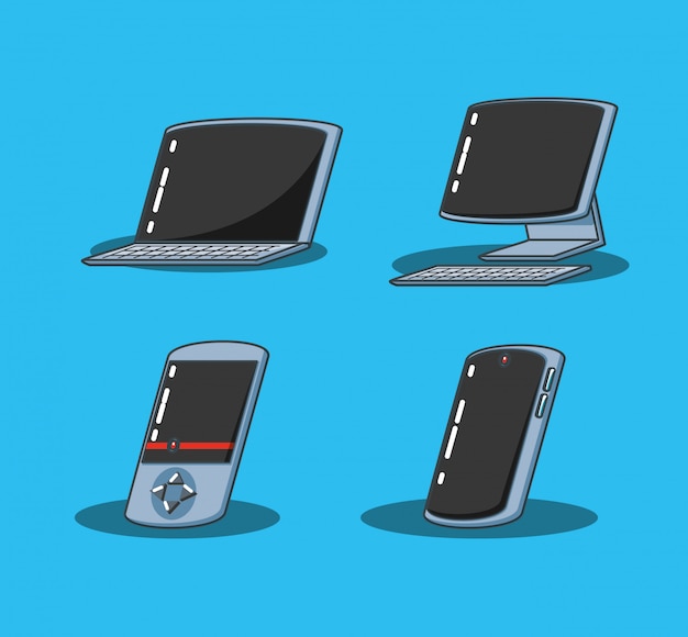 Computer desktop con dispositivi impostati Vettore Premium