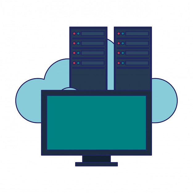 Computer e server cloud computing Vettore Premium