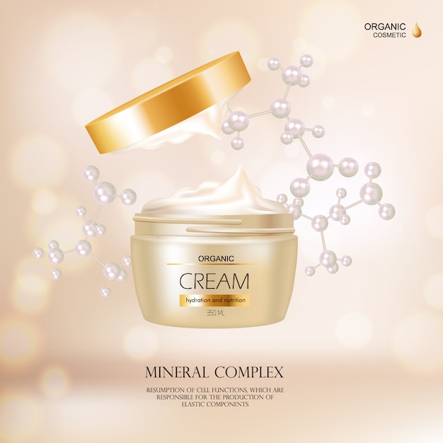 Concept cosmetico biologico con contenitore color crema e copertina in oro per la pubblicità sulla rivista di moda r Vettore gratuito